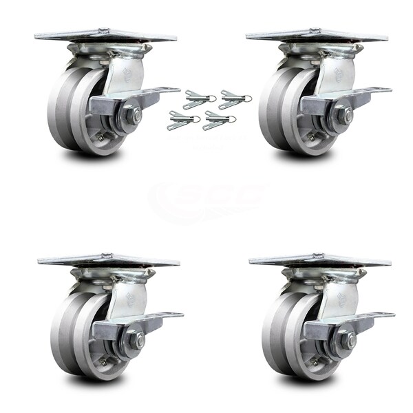 Service Caster 4 Inch V Groove Semi Steel Caster Set with Roller Bearings and Brake/Swivel Lock SCC-35S420-VGR-SLB-BSL-4 - main